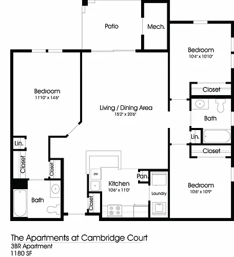 Floor plan 3BR 2BA (1180sf)