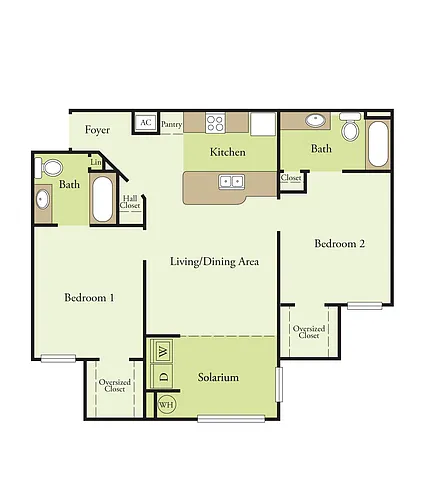 Floor plan 2 Bedroom 2 Bath 60%