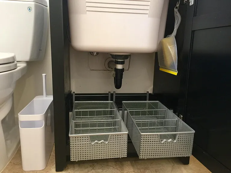Convenient pull-out drawers and other bathroom accessories