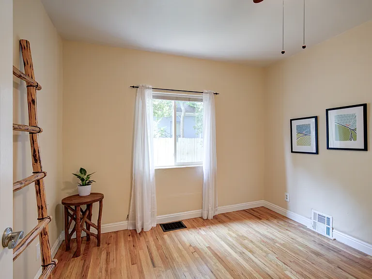 BEDROOM #1 ceiling fan and window to backyard and apricot tree