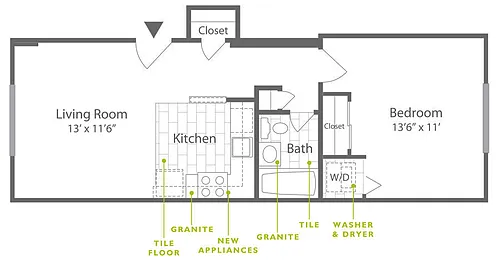 Floor plan 1 Bed | 1 Bath