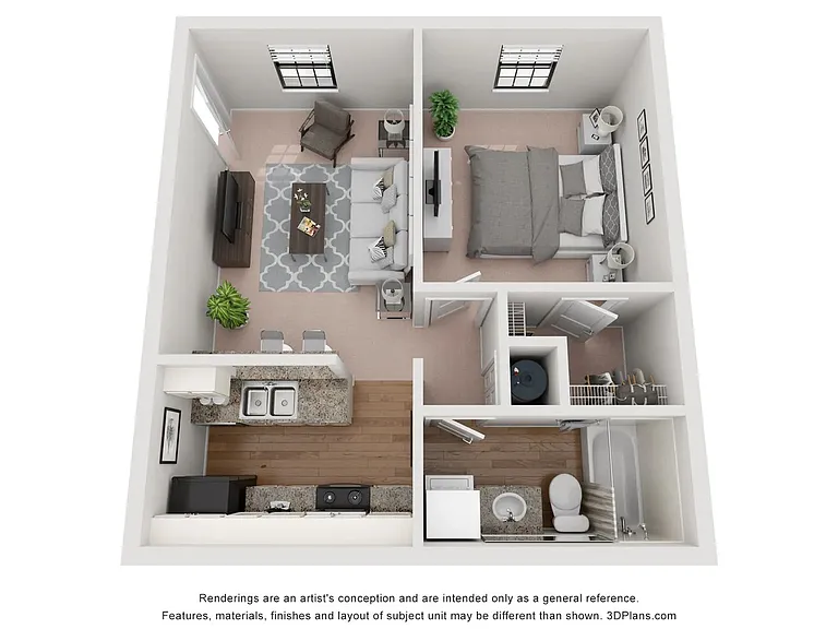 A photo of our 1x1 floor plan, The Oakwood.