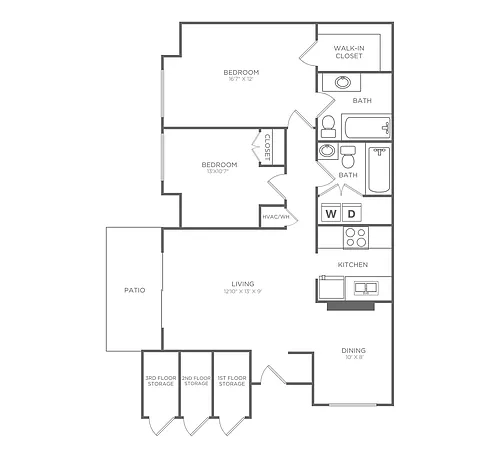 Floor plan Two Bedroom Two Bath (1021 SF)