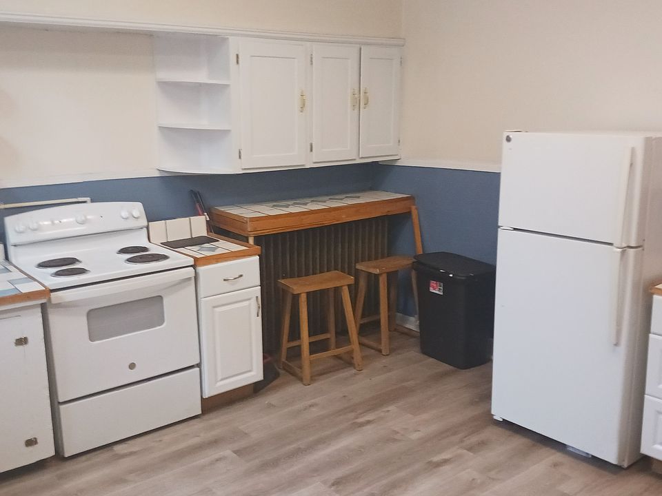 2ND VIEW OF KITCHEN WITH WORK AREA, REFRIGERATOR AND NEW VINYL PLANK FLOORING
