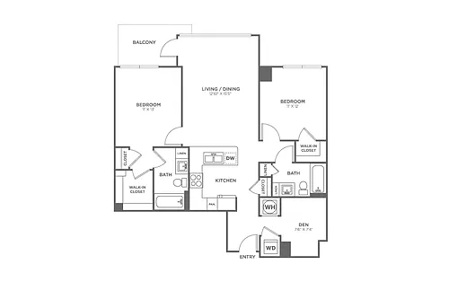 Floor plan Two Bedroom Two Bath With Den (1,088 SF)