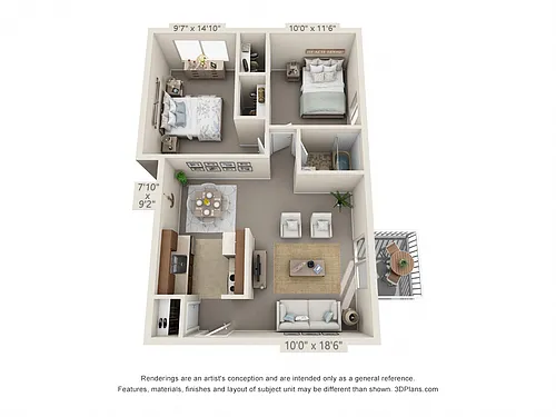 Floor plan 2 Bedroom, 1 Bath 722 (Balcony)