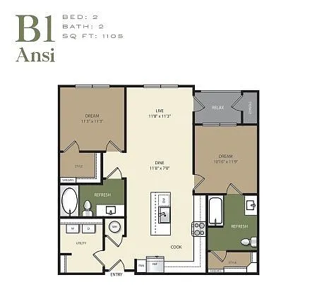 Floor plan Two Bed Two Bath B1.2