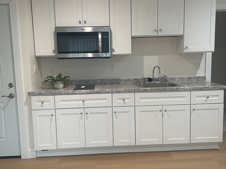 Front door entrance, brand new appliances, flat stove top, microwave and lots of cabinets.