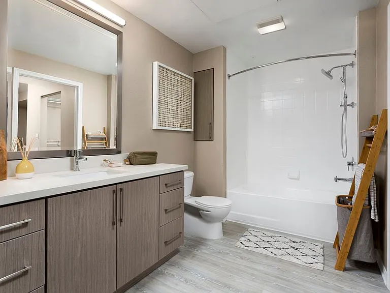 Design Scheme II bath with quartz countertops, new cabinets, and hard surface plank flooring