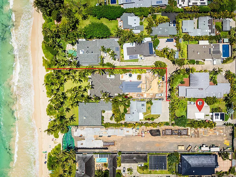 Aerial view highlighting the property's private beach access pathway to Kailua Beach.