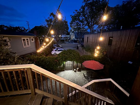 String lights over parking lot and patio