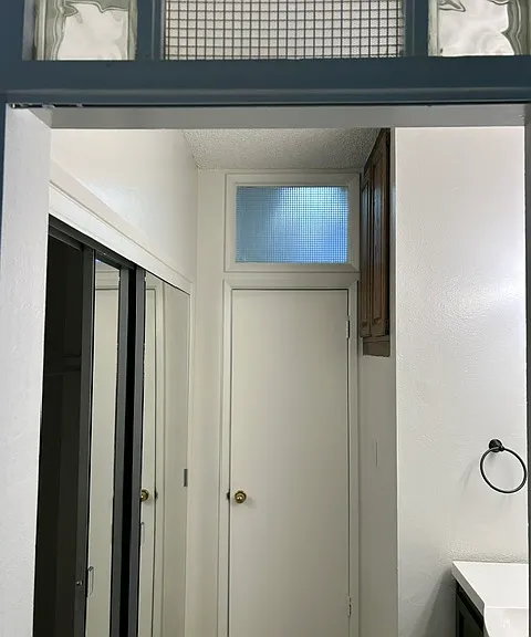 Entrance to bathroom, large closet with mirror doors opposite the vanity