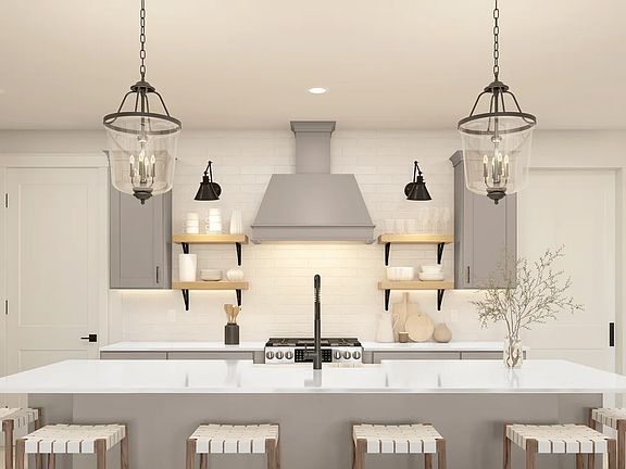Kitchen with floating shelves and matte black hardware