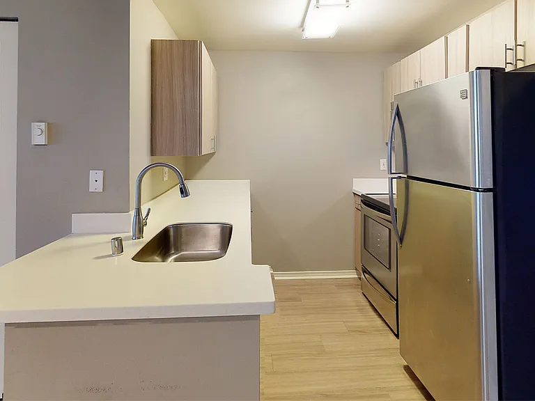 Apartment kitchen with stainless steel appliances, quartz countertops and wood-style flooring.