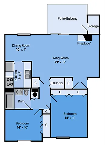 Floor plan 2 bed 1 bath lg reno wb2x1lr-Aspen