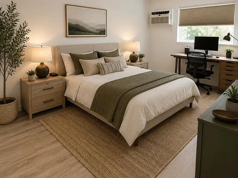 Large primary bedroom fits desk and armoire and side table with a king sized bed