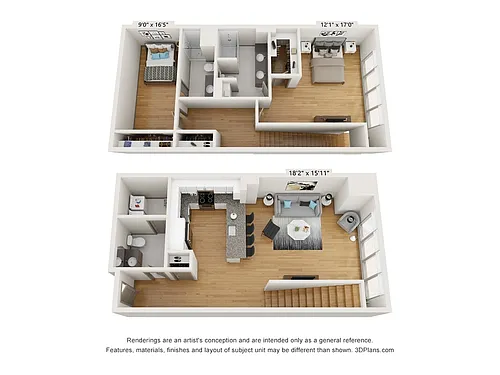 Floor plan 2-Bedroom 2.5-Bathroom Duplex | 1597 sqft