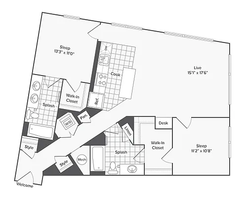 Floor plan 2 BR X 2 BA - J