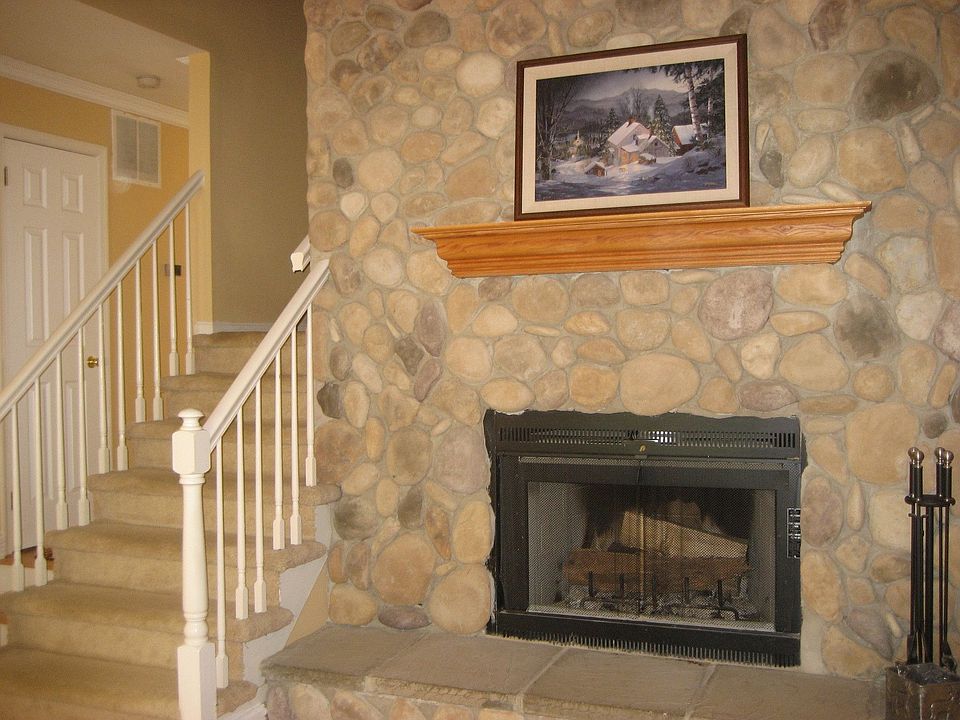 Stone wood burning fireplace
