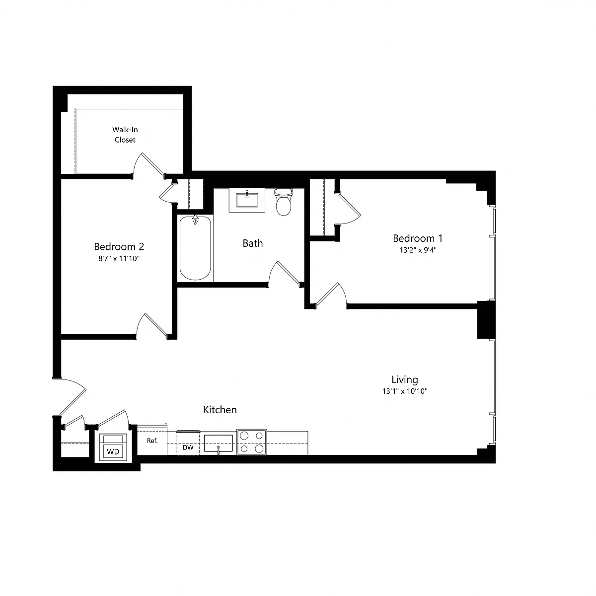 Floor plan 2 Bedroom - 1 Bath | Bj1a