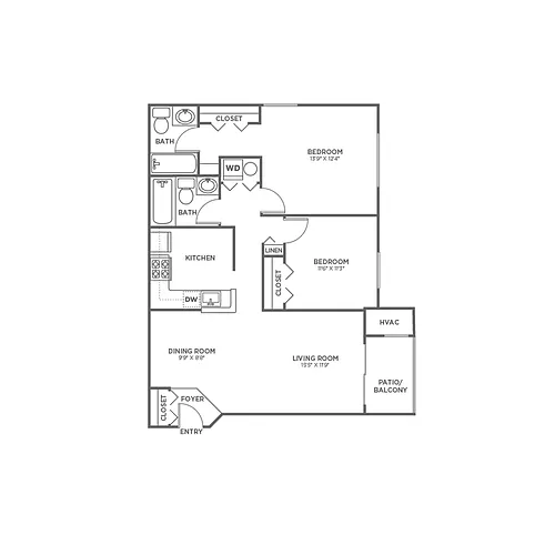 Floor plan Two Bedroom Two Bath (942 SF)