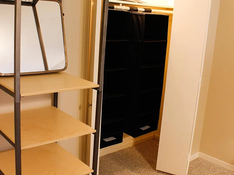 Shelf storage, drawers and hanging drawers inside all of the closets.