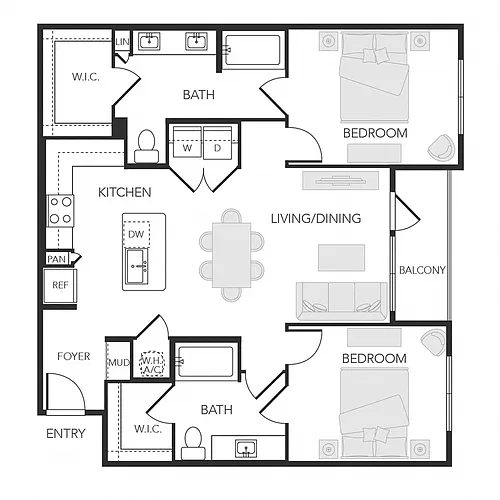 Floor plan 2BR 2BA (B2 - 1102 SF)