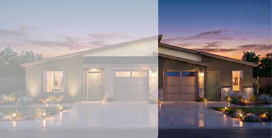 A modern, single-story duplex home is shown at sunset. The left side is faded to represent daylight,