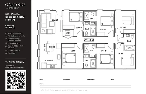 Floor plan 501 - Private Bedroom in 6 BR/ 5 BA (A)