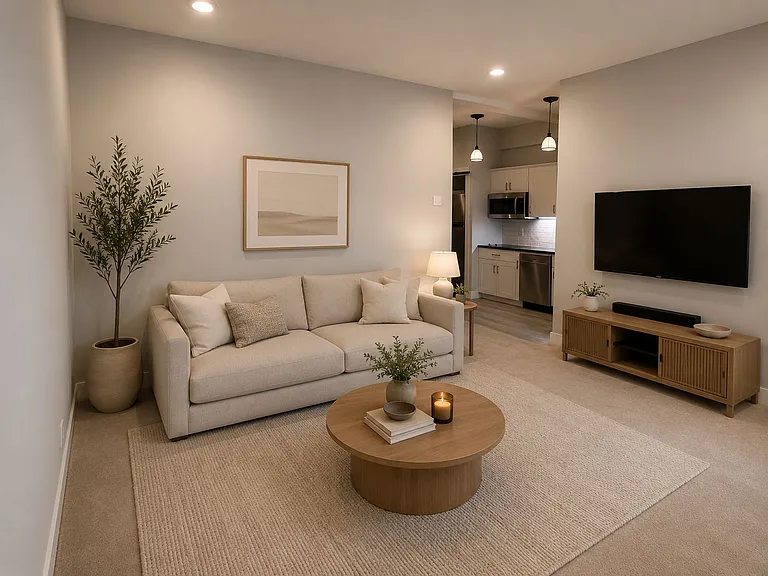 Here is a mockup showing one possible way the living area can be designed and furnished. (Created using AI-generated design software for inspiration.) Unit comes unfurnished.
