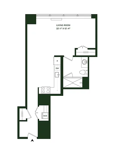 Floor plan Residence 09 - South: 1BR 1BA (Floors 13-34 and 36