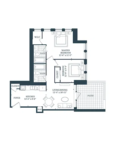 Floor plan 2 Bedroom 2 Bed 2 Bath 3