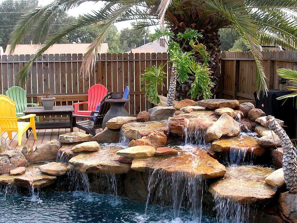 Salt water pool with waterfall feature
