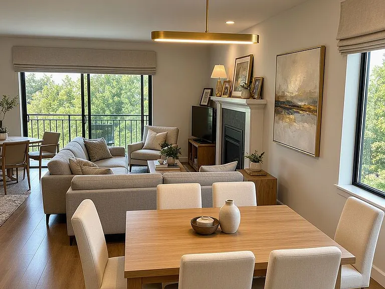 View from kitchen, dining area, living/family room, and balcony