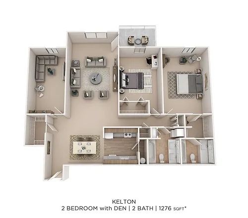 Floor plan Kelton 2Bed 2Bath W/Den 1276sqft