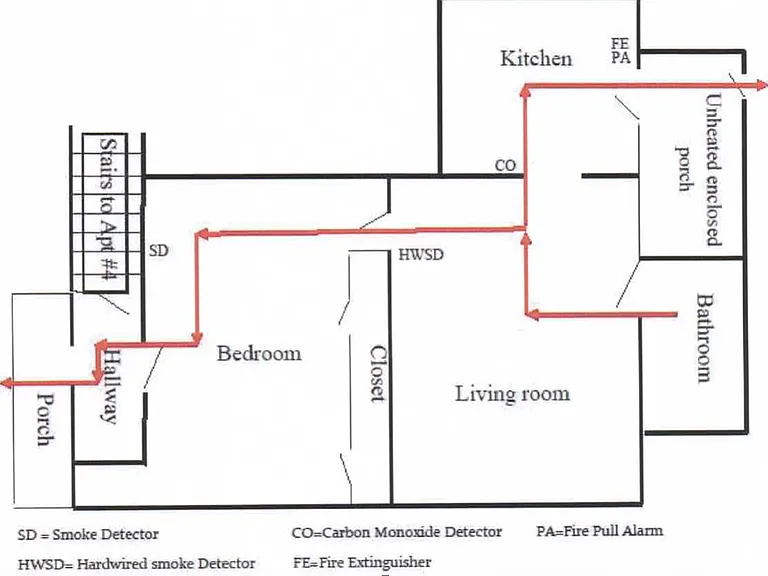 Floor plan for this 1 Bedroom. Laundry is on the enclosed porch.