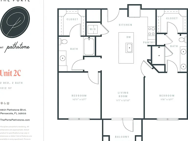 The Porte, 2C, This large two bedroom/two bathroom home includes a large open kitchen, two large walk-in closets, and a stand-up shower.