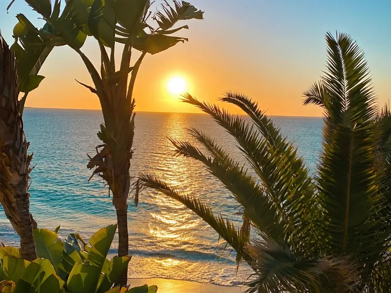 Stunning sunset over Salt Creek Beach framed by tropical palms.