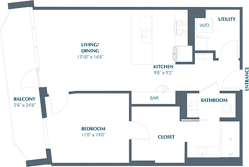 Floor plan 1BR 1BA (865 SF)