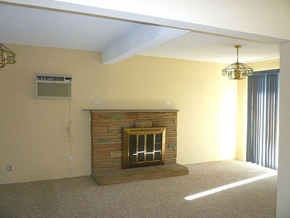 Family room fireplace. Sliding door to patio and detached garage to the left.
