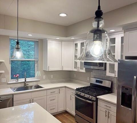 Chef's kitchen has space for several cooks at once. Open to the living /dining room. Propane range, pantry, Bosch dishwasher, huge island, quartz countertops, workstation sink.