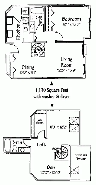 Floor plan Two Bedroom Loft Spiral Stairs