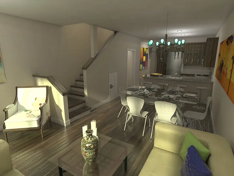 Welcome to this townhome ground floor social open floor plan: Kitchen, living and dining with a beautiful patio
