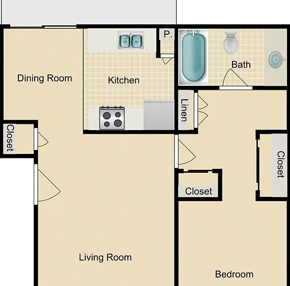1 Bed 1 Bath Floorplan Diagram