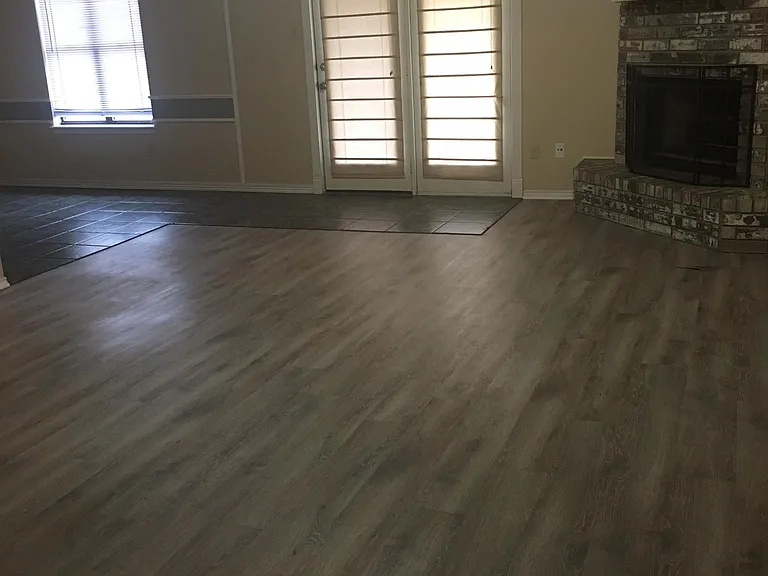 Living room with corner fireplace