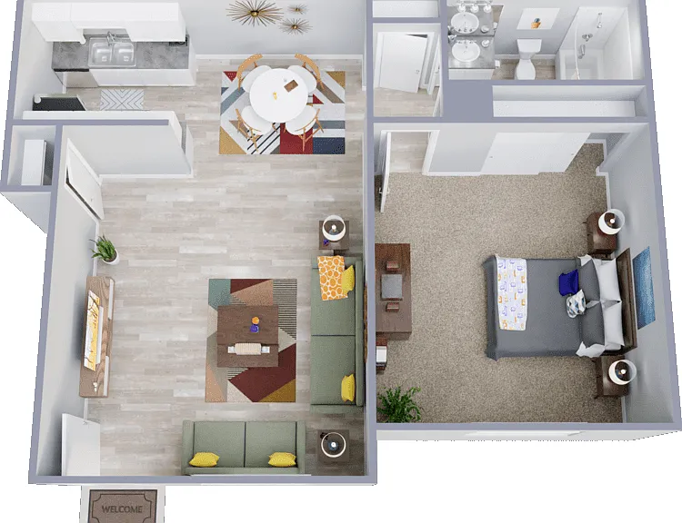 One Bedroom, One Bathroom Floorplan Diagram