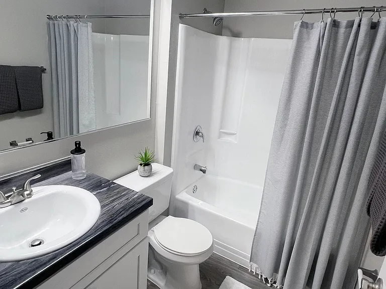 Modern bathrooms featuring black-fusion countertops, a spacious bathtub with a shower, and wood-style flooring.