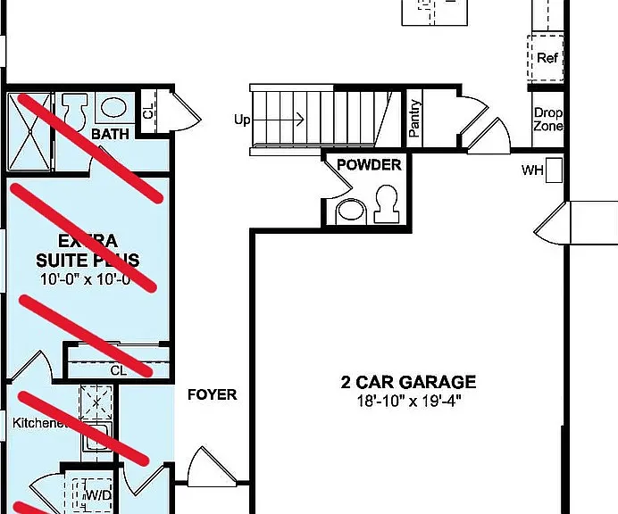 Main Floor Plan. The area in Red is not part of the main house.
