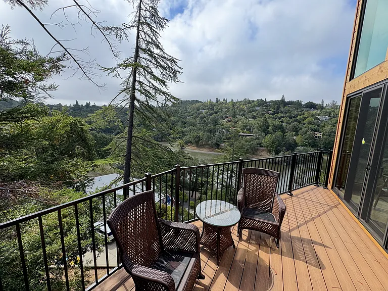 Deck chairs with view of lake in background