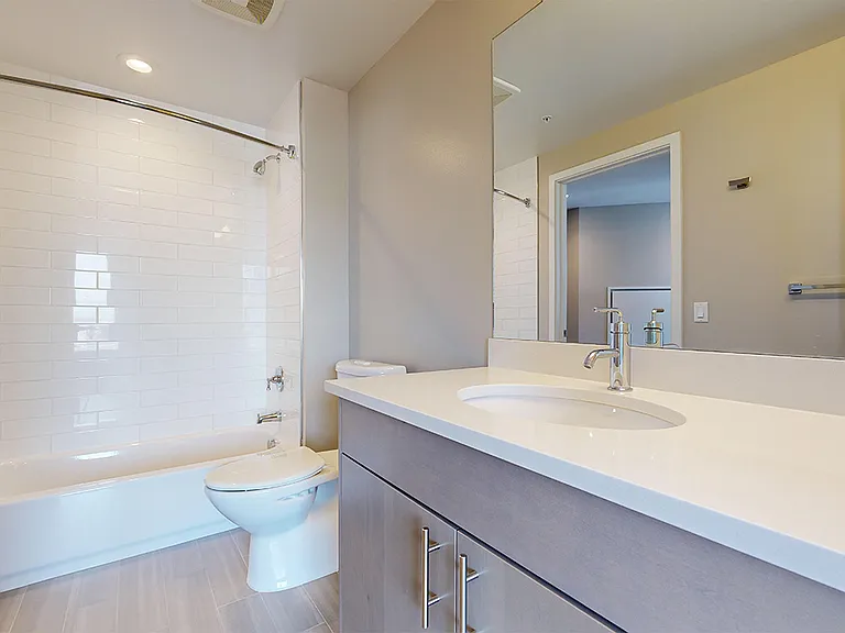 Apartment bathroom with wood-style flooring.